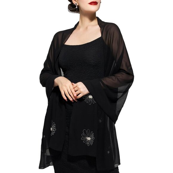 Women Black Sequin Chiffon Shawls and Wraps Formal Rhinestone for Evening Dress - Picture 1 of 6